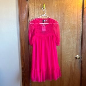 Hot pink 100% recycled polyester sheer dress with spaghetti strap slip/lining